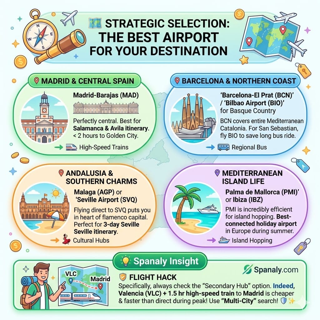 A vibrant 2026 travel infographic guide for selecting the best airport in Spain by destination, featuring Madrid for central Spain, Barcelona and Bilbao for the north, Malaga and Seville for Andalusia, and Palma for the Mediterranean islands. Includes a Spanaly flight hack for using Valencia as a secondary hub.