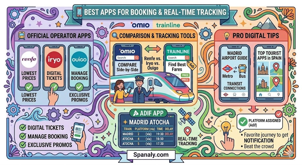 A vibrant colorful square infographic by Spanaly showing the best apps for booking and real-time tracking of Spain high-speed trains for 2026. It features 3 sections: 1. Official operator apps (Renfe AVE, Iryo, Ouigo); 2. Comparison and tracking tools (Omio, Trainline, and Adif app for live platforms); 3. Pro digital tips for Madrid Airport and tourist apps.