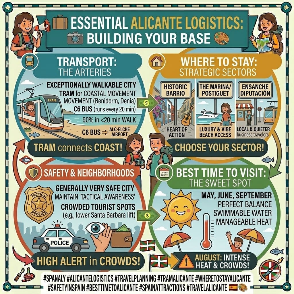 Tactical infographic of Essential Alicante Logistics, featuring the two smiling traveler characters introducing icons for Transport (TRAM, C6 Bus), Where to Stay (Barrio, Marina, Ensanche), Safety, and Best Time to Visit (May, June, September).