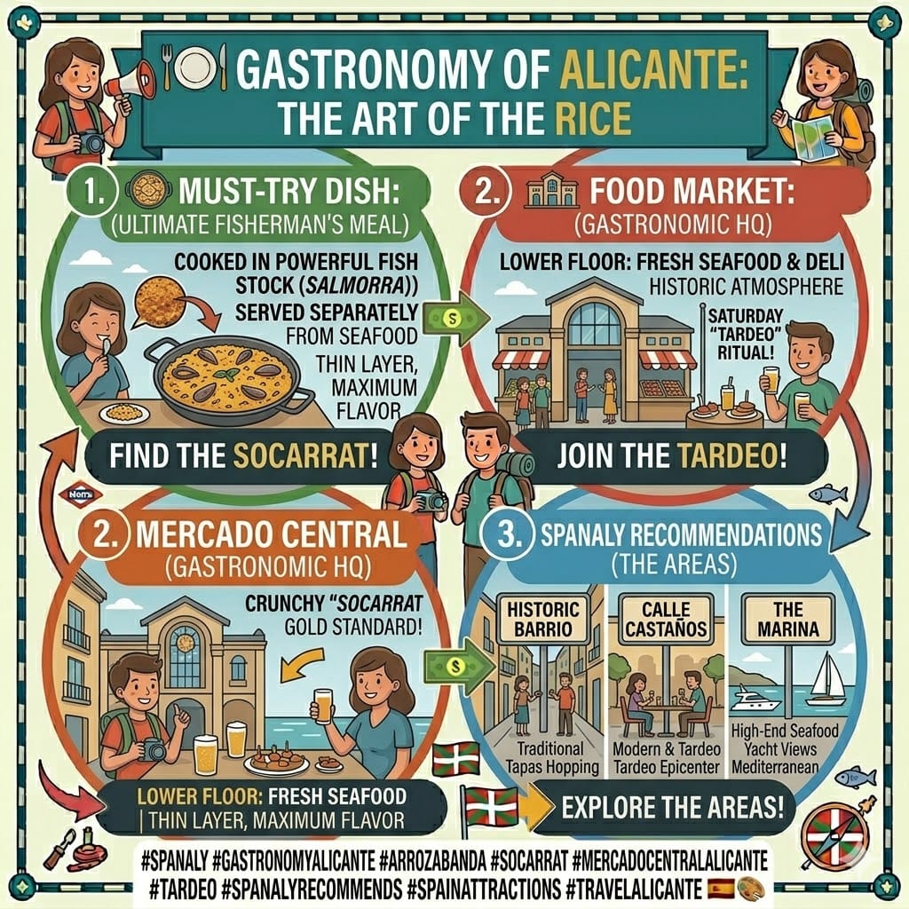 Tactical infographic of Alicante gastronomy and 'The Art of the Rice', featuring the two smiling traveler characters introducing 'Arroz a Banda' and the 'Mercado Central' for the 'Tardeo' ritual.