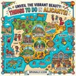 An epic infographic map of Spain, centered on a detailed Alicante map with icons for top attractions like Castillo de Santa Bárbara, Postiguet Beach, the Explanada, the Central Market, and Tabarca Island, featuring diverse characters and activities. Text title: "UNVEIL THE VIBRANT BEAUTY: THINGS TO DO IN ALICANTE!". Spanaly.com at the bottom.