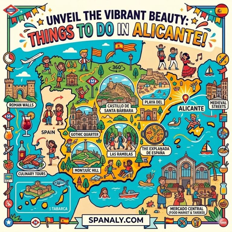 An epic infographic map of Spain, centered on a detailed Alicante map with icons for top attractions like Castillo de Santa Bárbara, Postiguet Beach, the Explanada, the Central Market, and Tabarca Island, featuring diverse characters and activities. Text title: "UNVEIL THE VIBRANT BEAUTY: THINGS TO DO IN ALICANTE!". Spanaly.com at the bottom.
