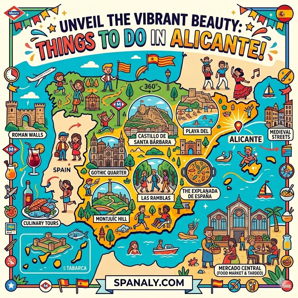 An epic infographic map of Spain, centered on a detailed Alicante map with icons for top attractions like Castillo de Santa Bárbara, Postiguet Beach, the Explanada, the Central Market, and Tabarca Island, featuring diverse characters and activities. Text title: "UNVEIL THE VIBRANT BEAUTY: THINGS TO DO IN ALICANTE!". Spanaly.com at the bottom.