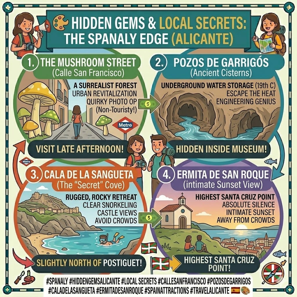 Tactical infographic of Hidden Gems and Local Secrets in Alicante, featuring the two smiling traveler characters introducing icons like Calle San Francisco, Pozos de Garrigós, Cala de la Sangueta, and Ermita de San Roque.