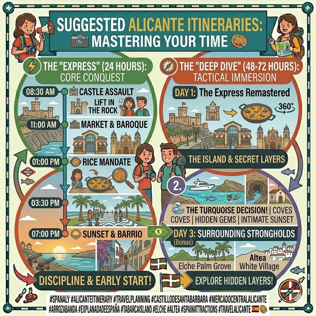 Tactical infographic of Suggested Alicante Itineraries, featuring the two smiling traveler characters introducing timelines for 'The Express' (24 Hours) core conquest and 'The Deep Dive' (48-72 Hours) tactical immersion.
