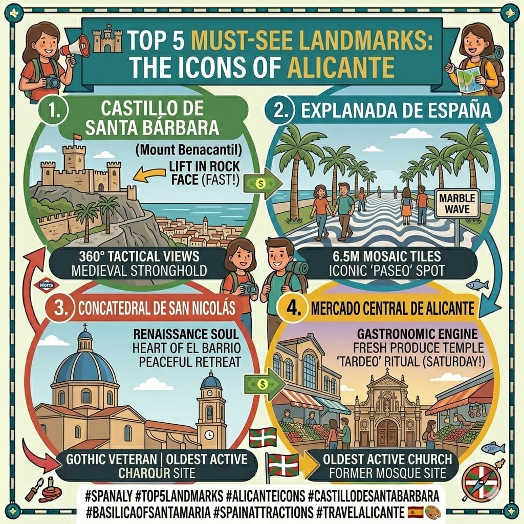 Tactical infographic of the Top 5 must-see landmarks in Alicante, featuring the two smiling traveler characters introducing icons like Santa Barbara Castle and Explanada de España.