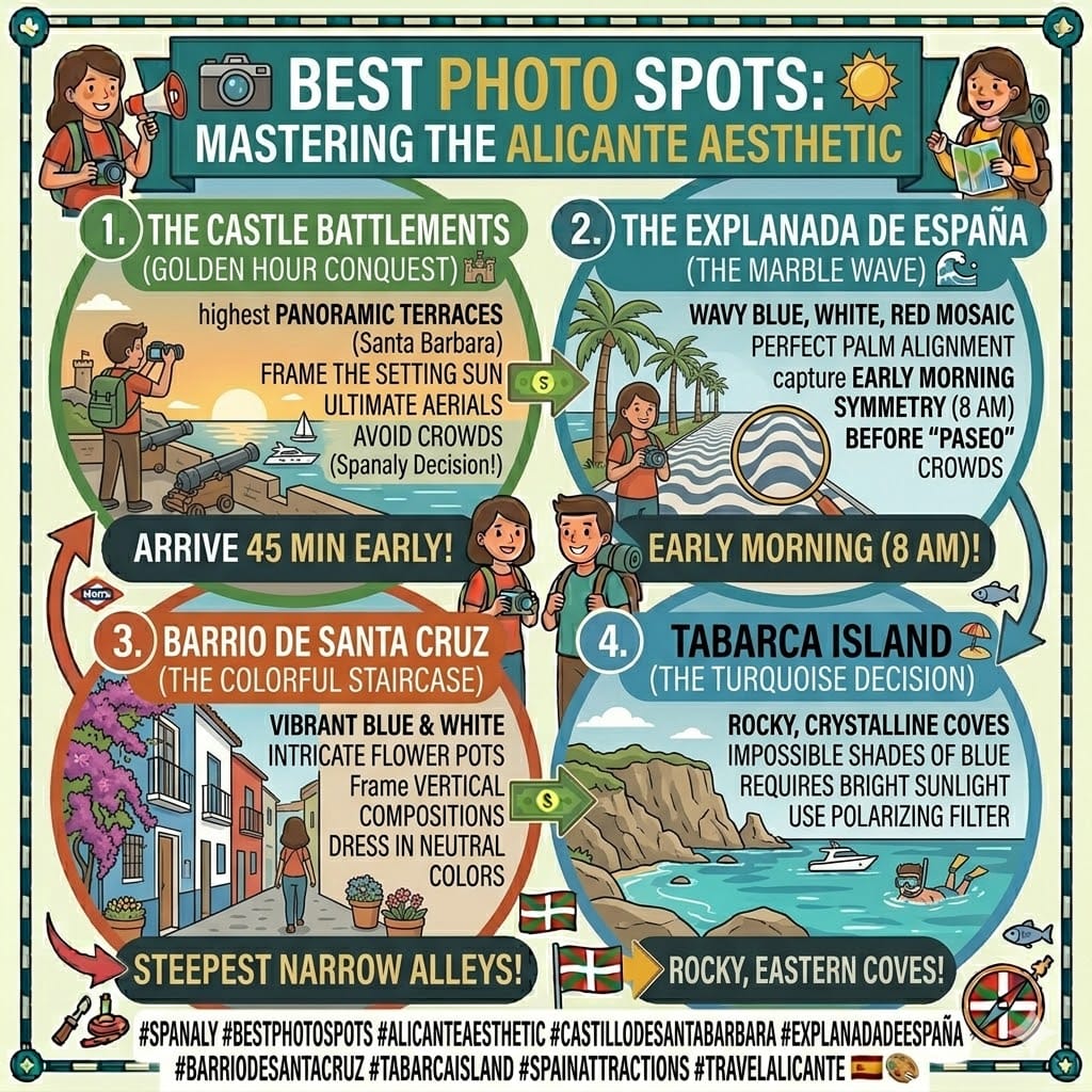 Tactical infographic of Best Photo Spots in Alicante, featuring the two smiling traveler characters introducing icons like Santa Barbara Castle battlements, Explanada de España marble waves, Barrio de Santa Cruz colorful stairs, and Tabarca Island turquoise water.