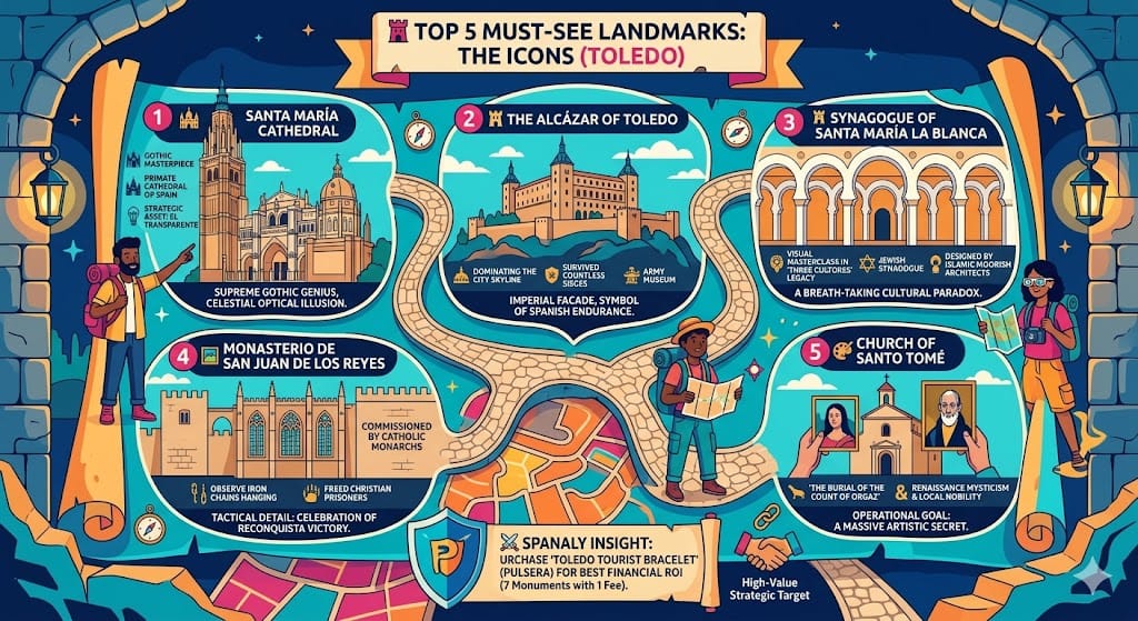 Vibrant organic-flow infographic of the top 5 must-see landmarks in Toledo, featuring the Santa María Cathedral, the Alcázar fortress, Santa María la Blanca Synagogue, Monasterio de San Juan de los Reyes, and El Greco's masterpiece at Santo Tomé.