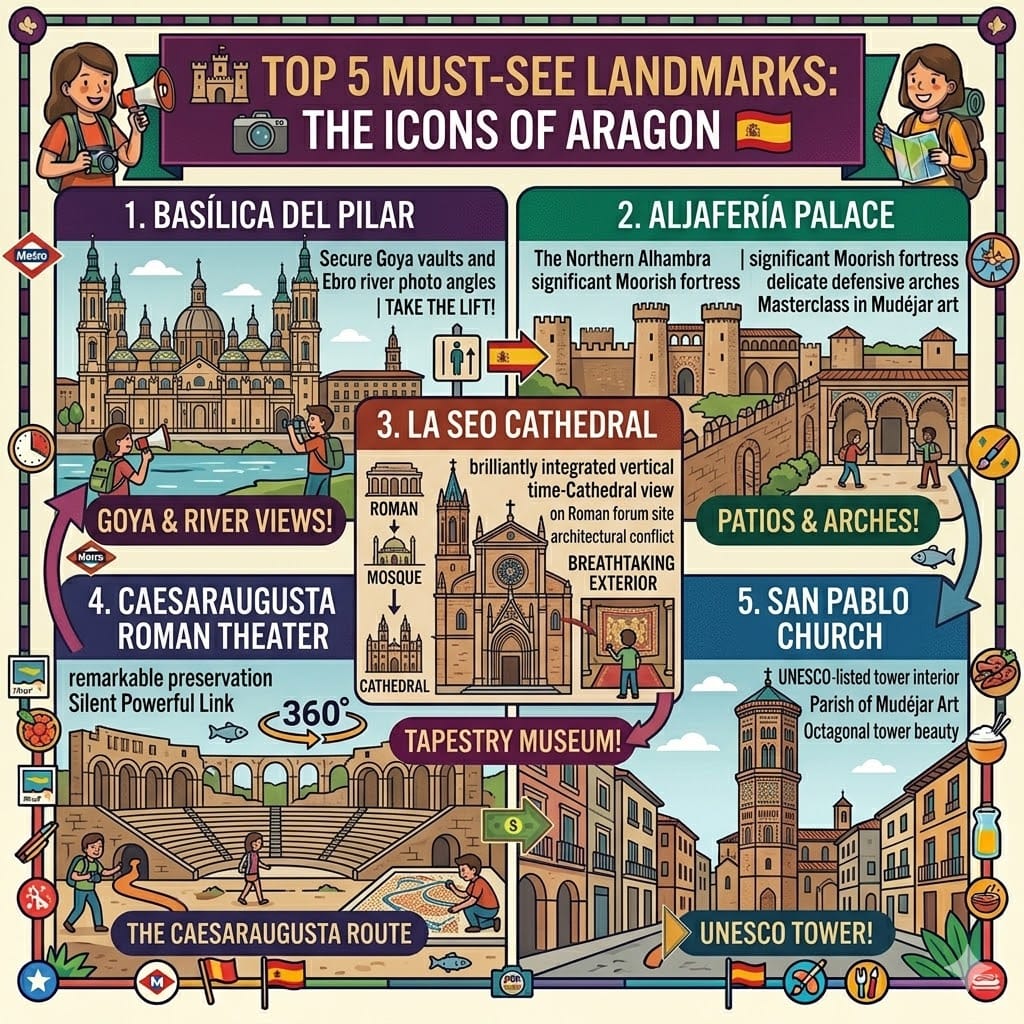 detailed geometric infographic of Zaragoza's Top 5 landmarks, including the Pilar Basilica, Aljafería Palace, and La Seo Cathedral, in a colorful linear style.