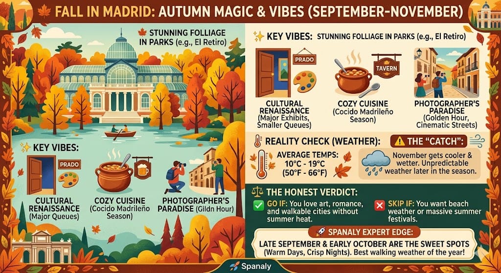 A colorful infographic by Spanaly.com comparing autumn weather and travel vibes in Madrid from September to November, featuring Retiro Park, cultural events, and Spanish cuisine.