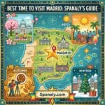 A square epic infographic map by Spanaly.com titled 'BEST TIME TO VISIT MADRID: SPANALY'S GUIDE'. Features a centered map of Spain with a highlighted location for Madrid. The map is surrounded by four distinct seasonal icons (blossoms, sun, autumn leaves, snow) in a clean, colorful vector style.