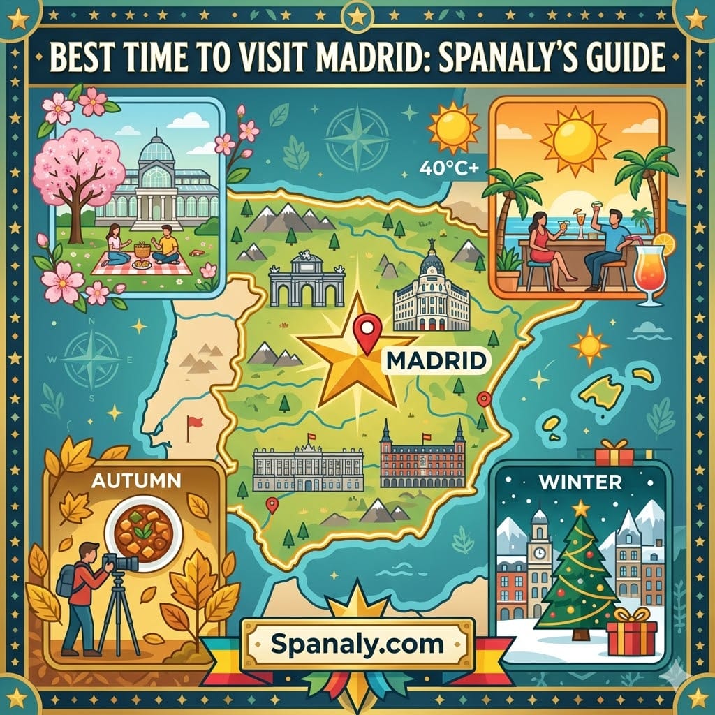 A square epic infographic map by Spanaly.com titled 'BEST TIME TO VISIT MADRID: SPANALY'S GUIDE'. Features a centered map of Spain with a highlighted location for Madrid. The map is surrounded by four distinct seasonal icons (blossoms, sun, autumn leaves, snow) in a clean, colorful vector style.