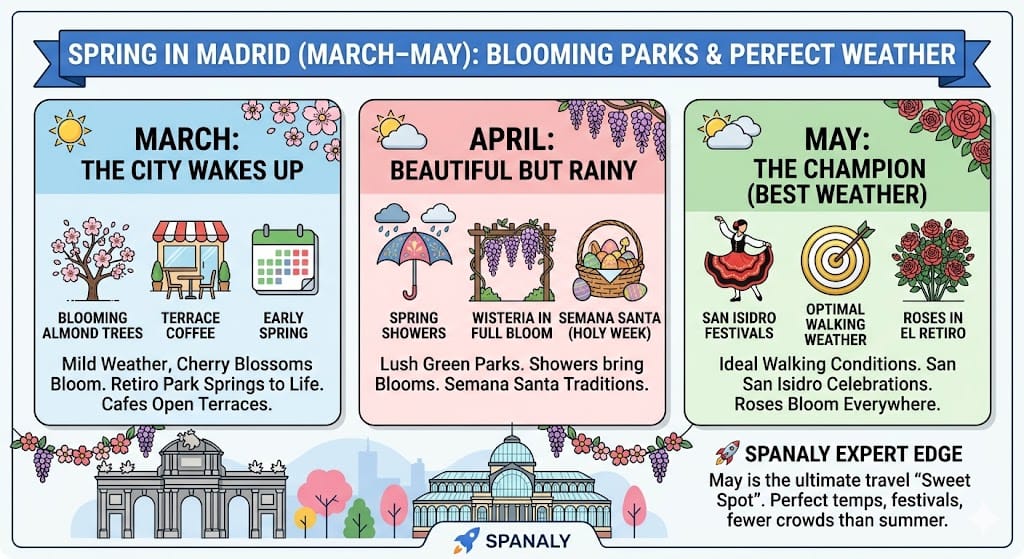 A square colorful infographic by Spanaly.com outlining the best time to visit Madrid in Spring (March-May), featuring weather and activity panels for blooming parks, perfect weather, and festivals.