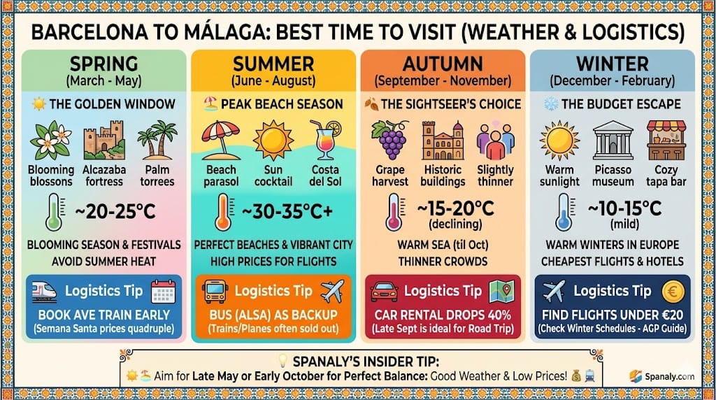 Comprehensive infographic guide showing the best time to visit Málaga from Barcelona by season (Spring, Summer, Autumn, Winter), including weather, key festivals, and transport logistics tips for trains, flights, and car rentals.