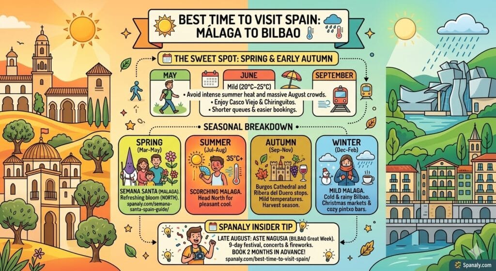 Infographic showing the best time to travel from Malaga to Bilbao, highlighting the sweet spot months of May, June, and September, and seasonal weather differences between the North and South of Spain.