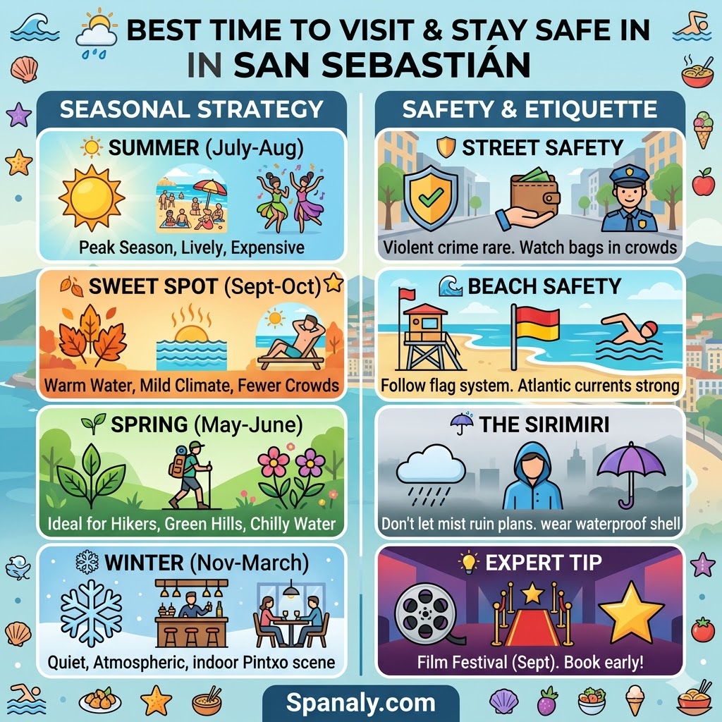 A visual guide showing the best seasons to visit San Sebastian and safety tips for tourists including beach flags and street awareness.
