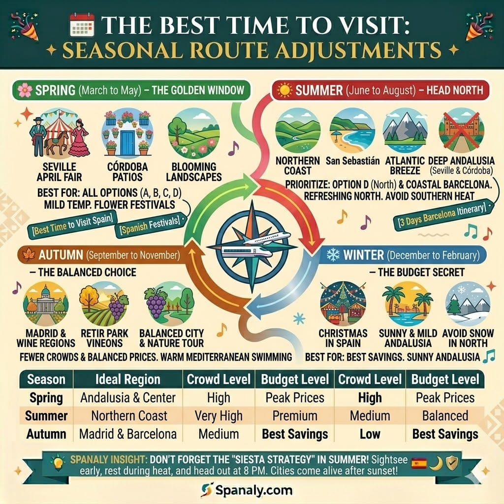 Vibrant seasonal infographic for Spain Travel Itineraries showing the best months to visit. Features a circular guide for Spring, Summer, Autumn, and Winter with icons for festivals, weather, and recommended regions by Spanaly.com.