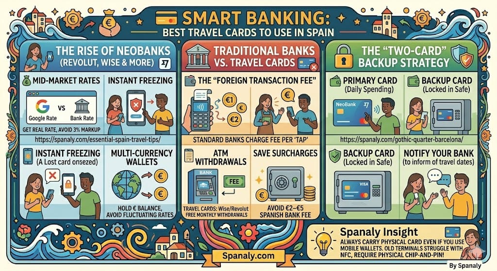 Spanaly guide to smart banking in Spain. Compares Neobanks like Revolut and Wise with traditional banks, highlighting mid-market exchange rates, instant card freezing, and multi-currency wallets. Includes a two-card backup strategy and tips to avoid foreign transaction fees.