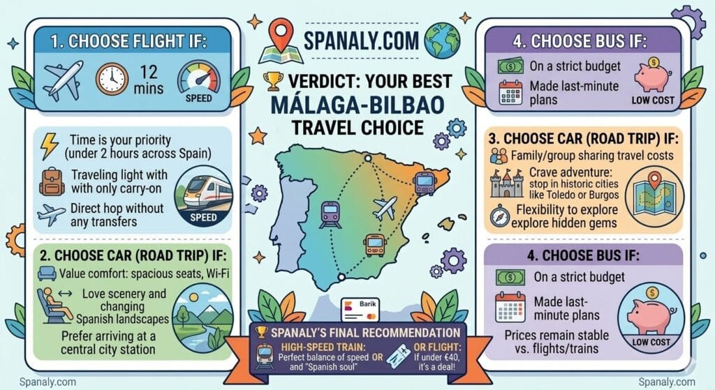 A decision-making infographic comparing the best ways to travel from Malaga to Bilbao, categorizing options by speed for flights, comfort for trains, adventure for road trips, and budget for buses.