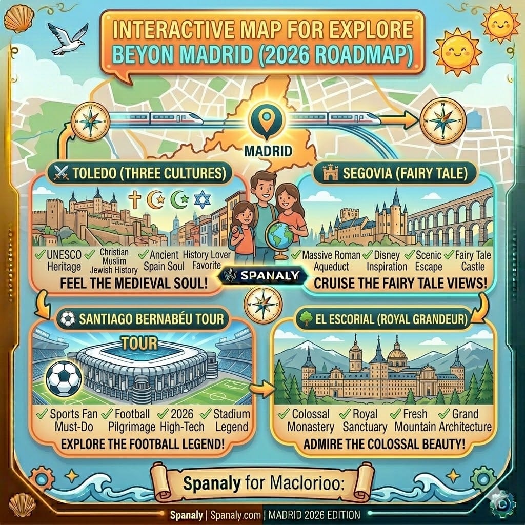 Interactive 2026 roadmap for day trips from Madrid, featuring Toledo's medieval streets, Segovia's Roman aqueduct, the Santiago Bernabéu Stadium tour, and El Escorial monastery by Spanaly.com.