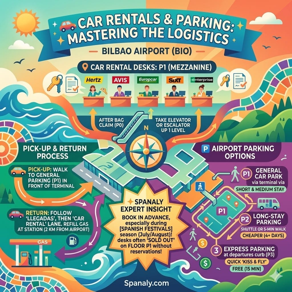 A guide to Bilbao Airport car rentals showing the P1 Mezzanine desks and parking areas P1 and P2 with pickup and drop-off instructions for travelers.