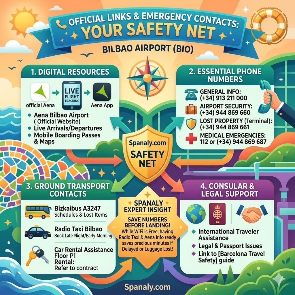 Infographic of Bilbao Airport emergency contacts featuring Aena official links, airport security phone numbers, lost property office, and medical assistance details.