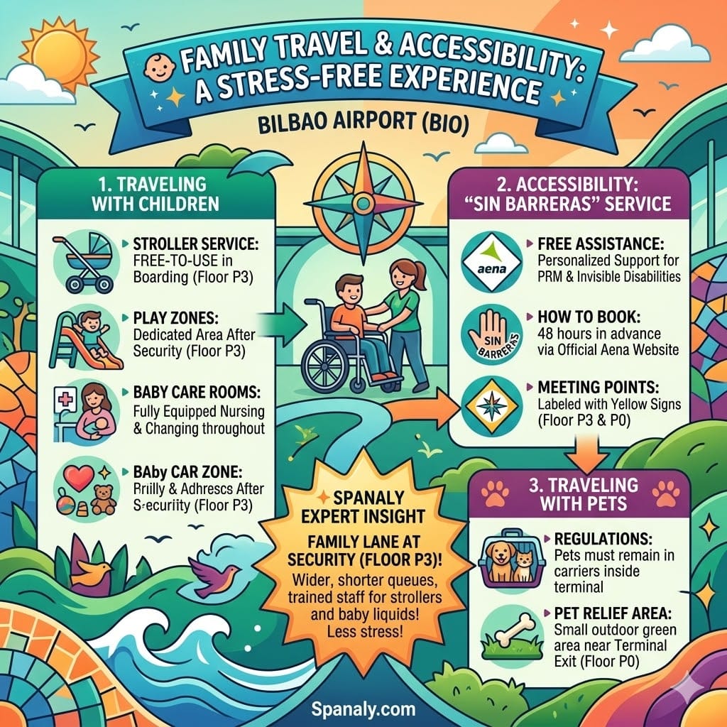 Infographic for family travel at Bilbao Airport featuring stroller services, children's play area on Floor P3, Sin Barreras accessibility assistance, and pet relief zones.