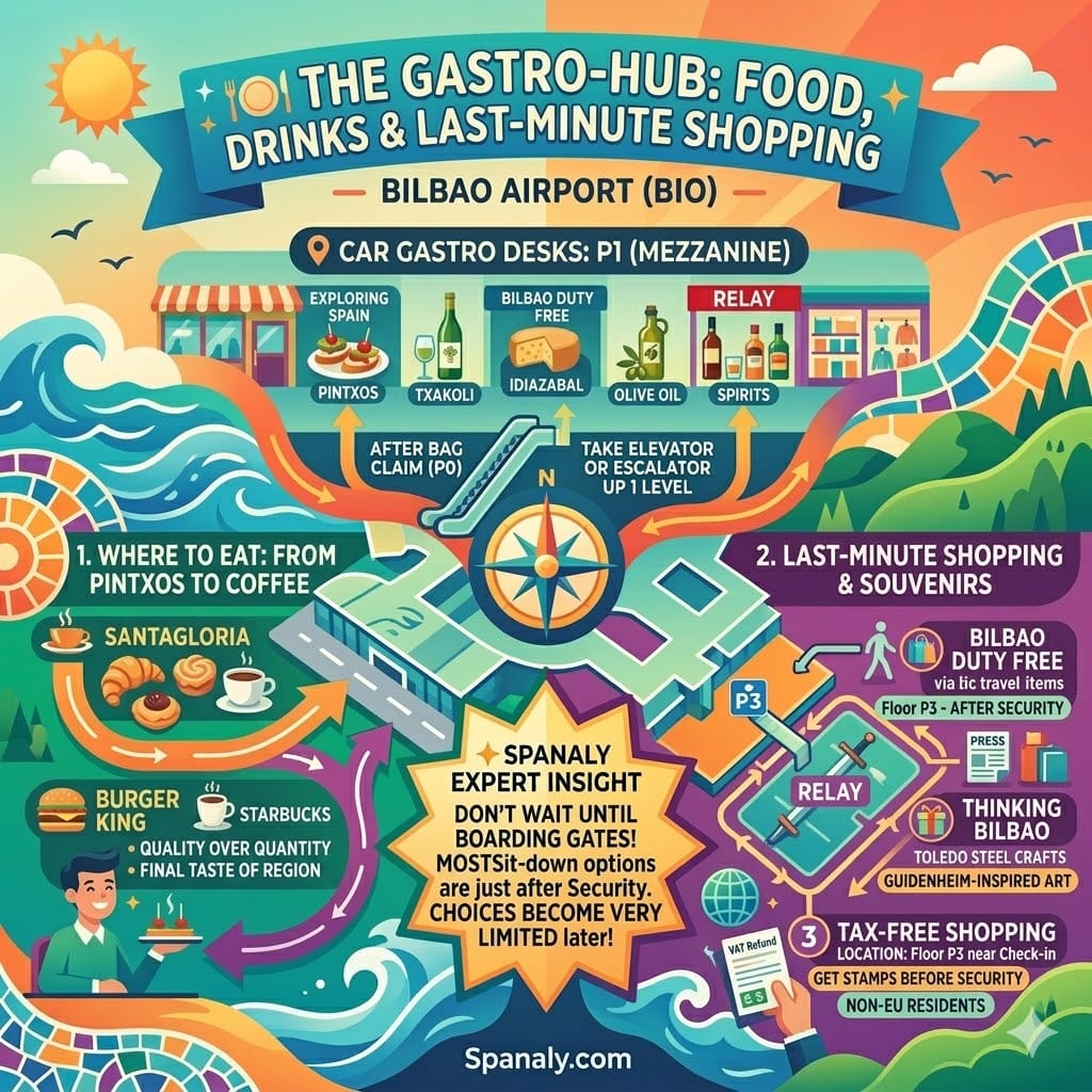 Infographic guide to Bilbao Airport dining and shopping featuring Pintxos at Exploring Spain, local Txakoli wine, Duty Free souvenirs, and the VAT refund office location.