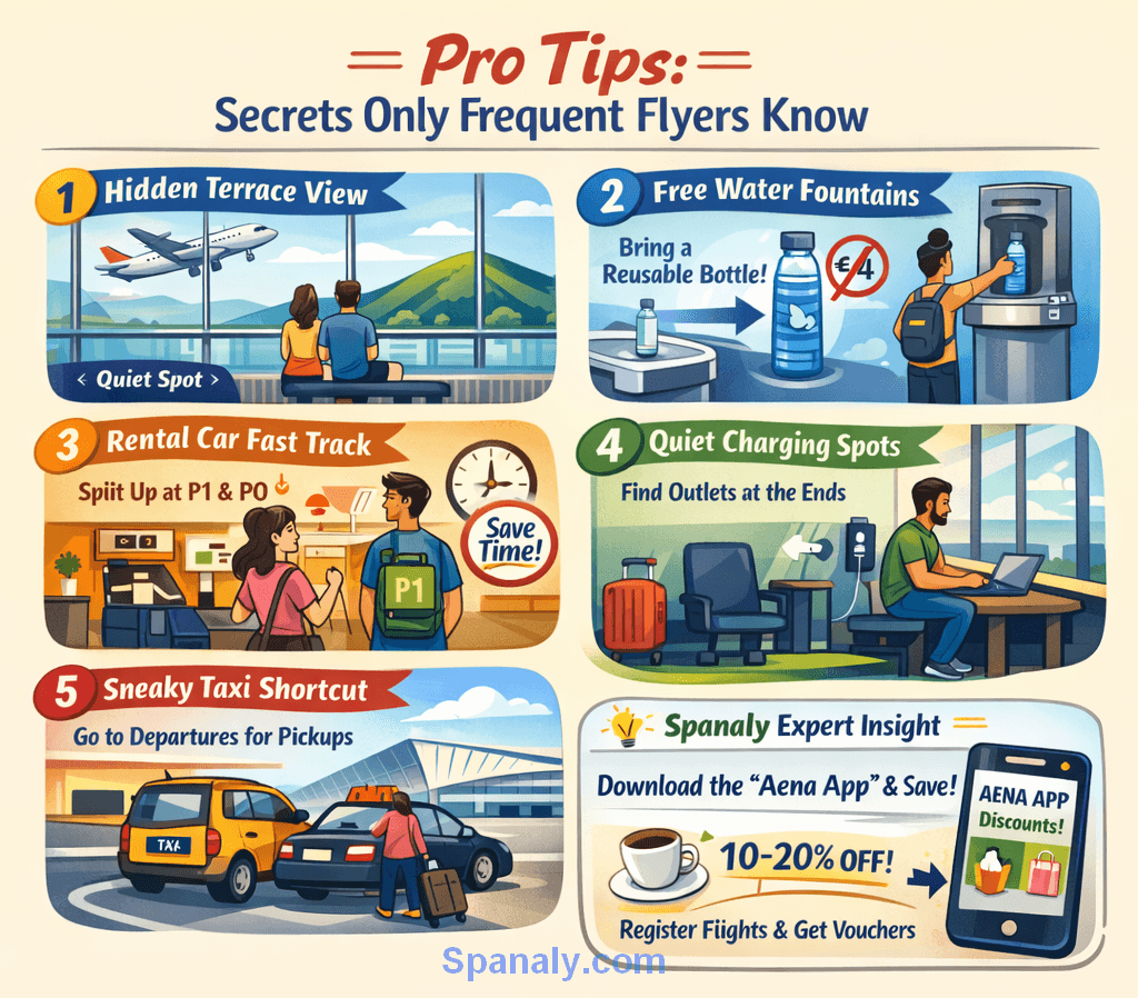 Infographic of Bilbao Airport pro tips featuring the hidden terrace view, free water fountains, rental car queue hacks, and power outlet locations for digital nomads.