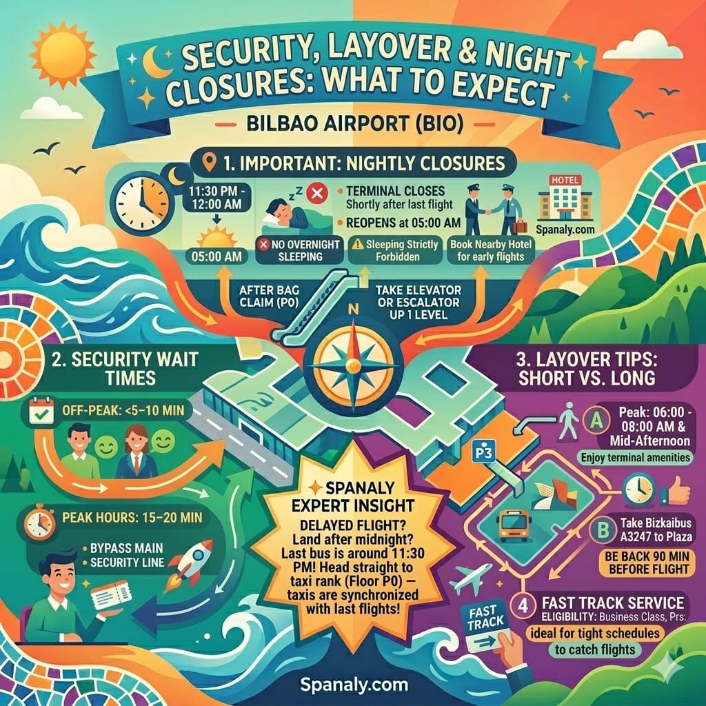 Infographic explaining Bilbao Airport night closures from 11:30 PM to 05:00 AM, security wait times, fast track services, and layover tips for passengers.