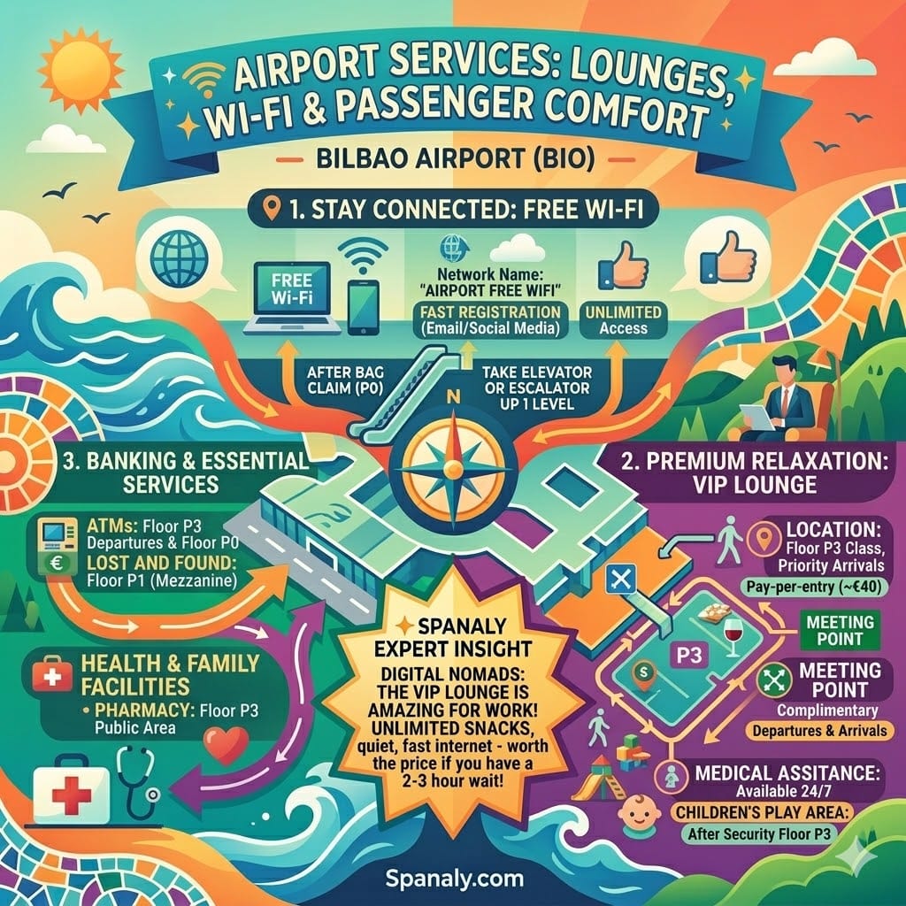 Infographic of Bilbao Airport services featuring free Aena Wi-Fi, the VIP Cenit Lounge on Floor P3, banking ATMs, and family facilities like the pharmacy and play area.