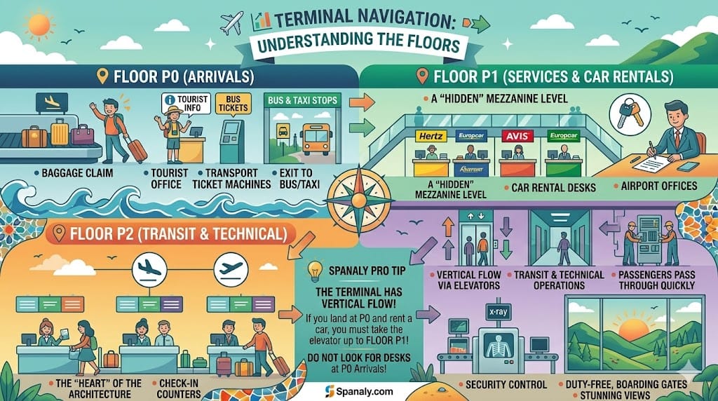 Detailed floor map infographic of Bilbao Airport BIO showing Floor P0 Arrivals, Floor P1 Car Rentals, and Floor P3 Departures with vertical flow navigation tips.