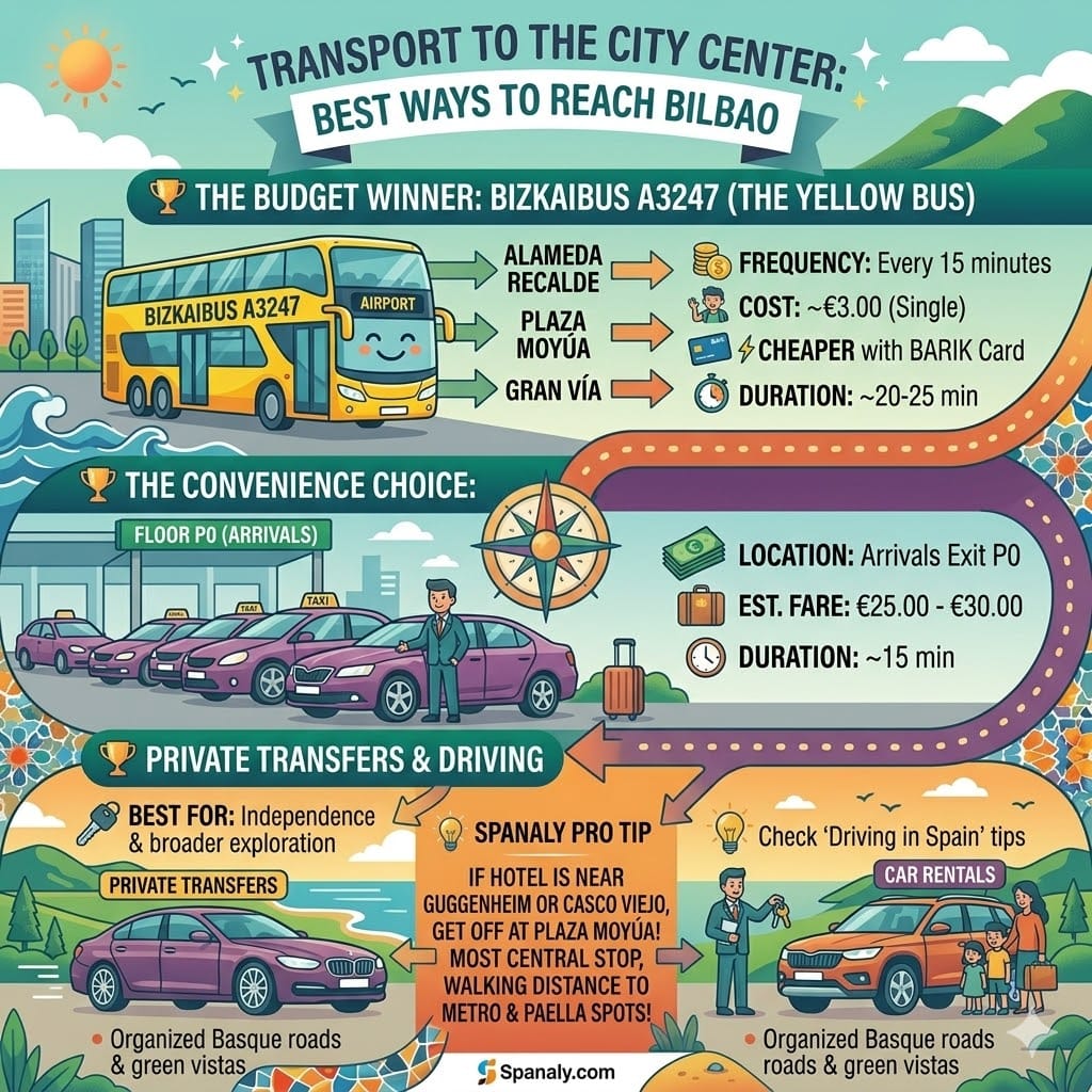 Infographic showing transport options from Bilbao Airport to the city center including the Bizkaibus A3247 yellow bus, official taxis, and car rental services with prices and travel times.