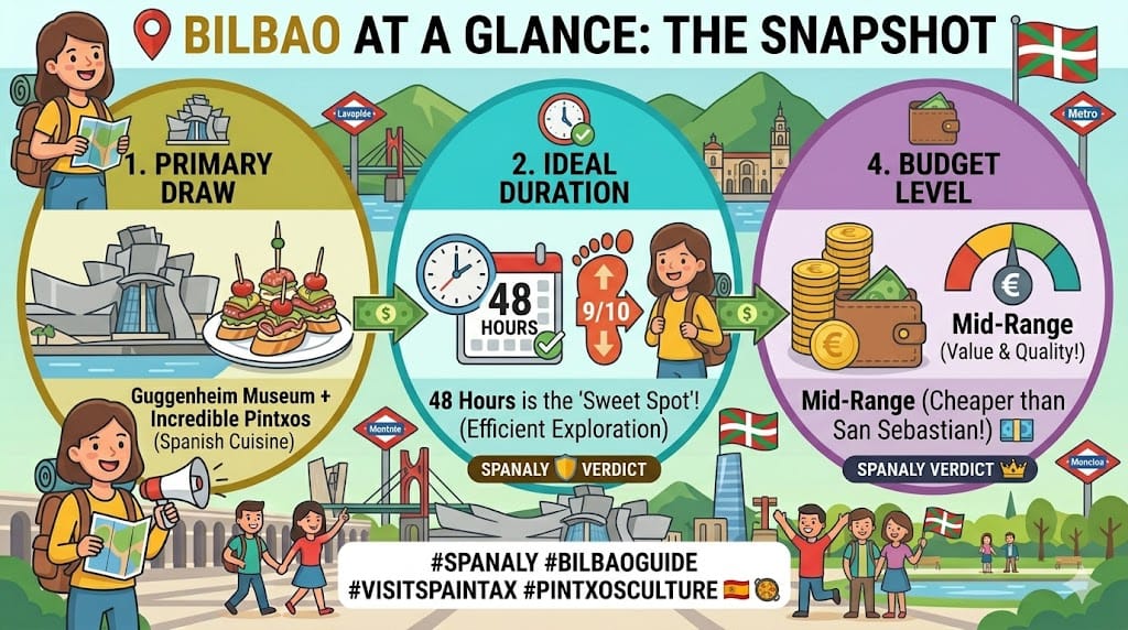 Tactical infographic of things to do in Bilbao: Guggenheim Museum, Pintxos culture, 48-hour itinerary, and budget tips by Spanaly.