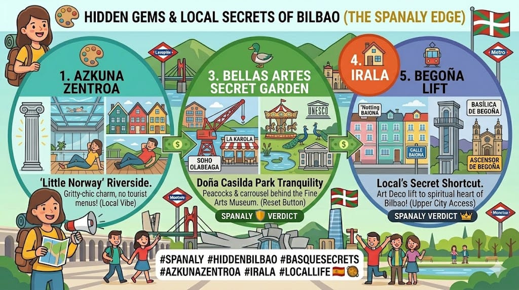 Tactical infographic of hidden gems in Bilbao: Azkuna Zentroa, Irala's colorful houses, and Begoña Lift.