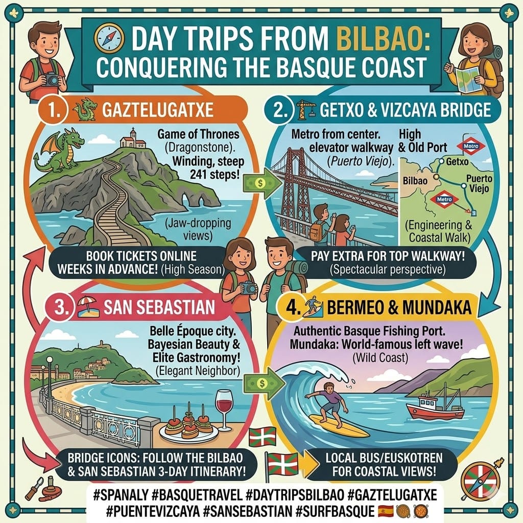 Tactical itinerary infographic for Bilbao: 24-hour express highlights and 72-hour deep dive including Gaztelugatxe.