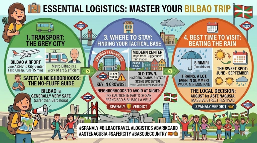 Tactical infographic for Bilbao travel logistics: airport transport, best neighborhoods to stay, and safety tips.