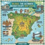 An epic infographic map of Spain highlighting Bilbao as the ultimate Basque escape with icons for the Guggenheim Museum, Vizcaya Bridge, and Pintxos.