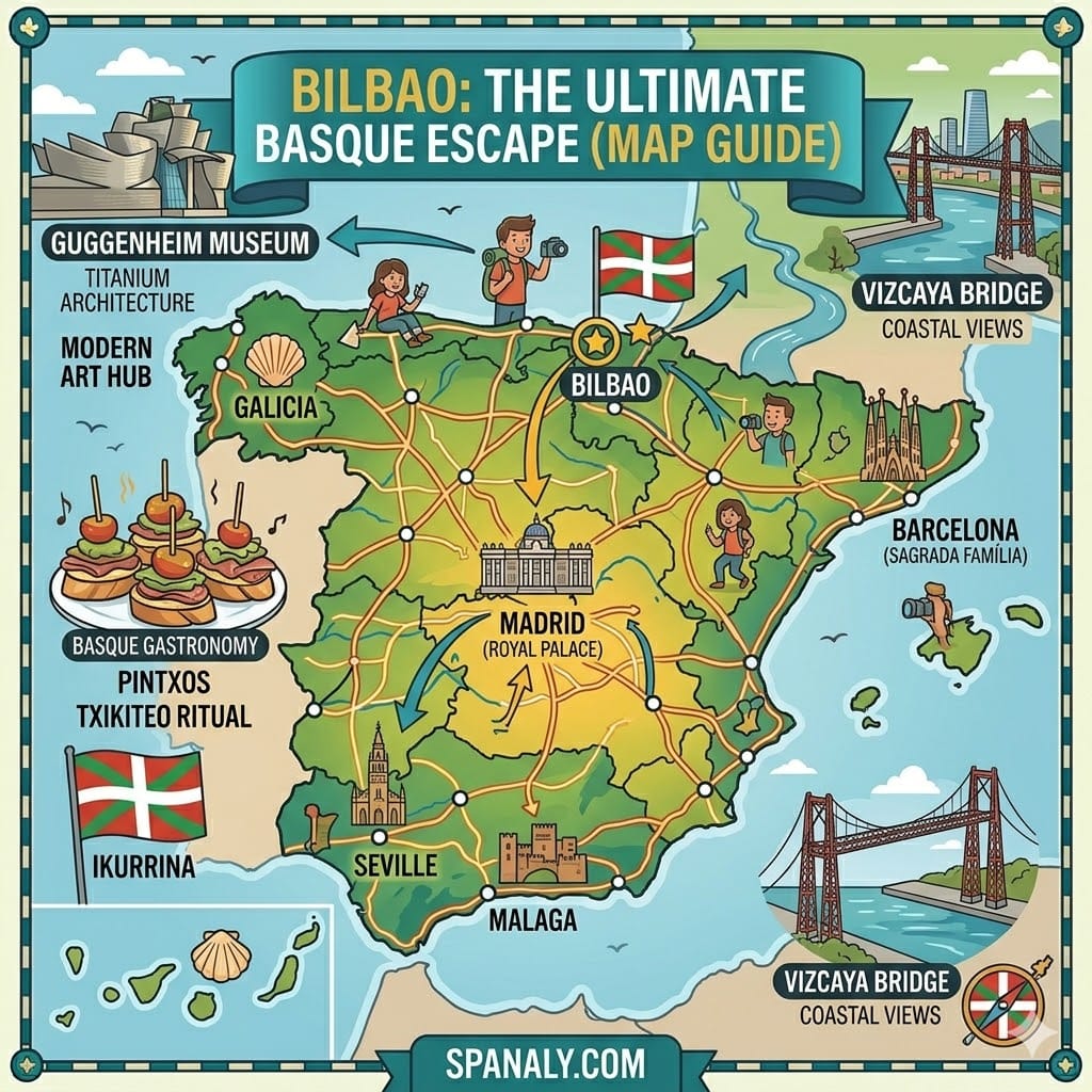 An epic infographic map of Spain highlighting Bilbao as the ultimate Basque escape with icons for the Guggenheim Museum, Vizcaya Bridge, and Pintxos.