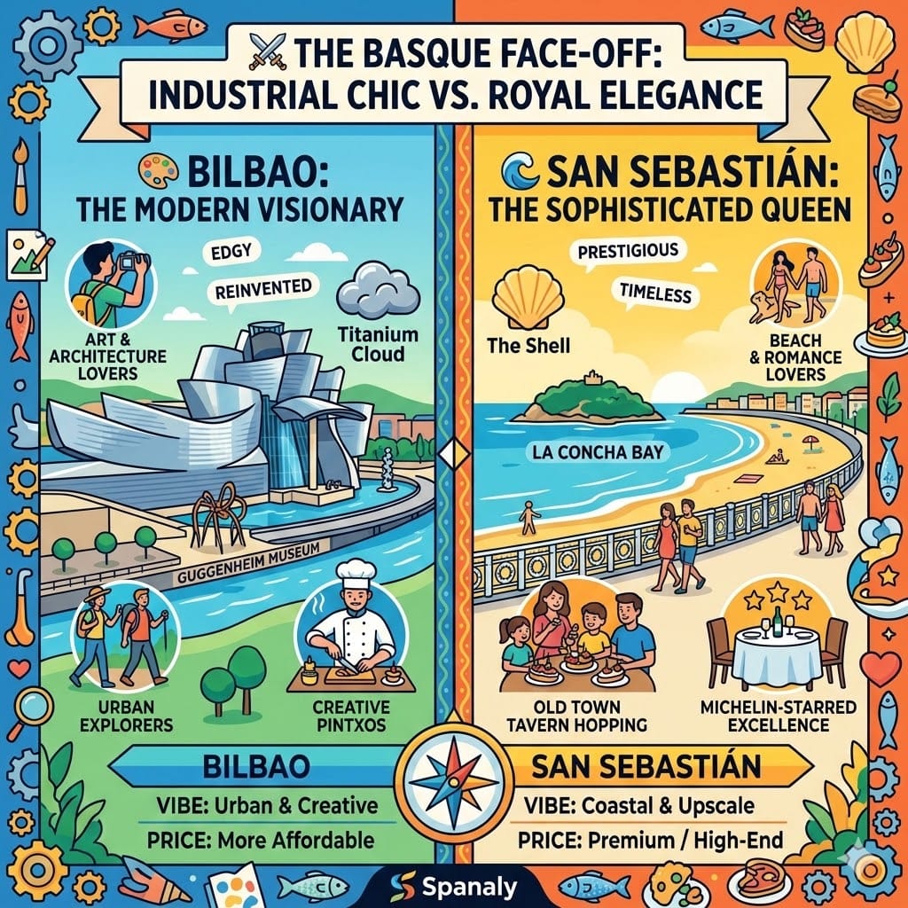 Infographic comparison between Bilbao and San Sebastian. Left side shows the modern Guggenheim Museum (Industrial Chic). Right side shows the crescent-shaped La Concha Bay (Royal Elegance). Detailed icons for food, vibe, and price included.