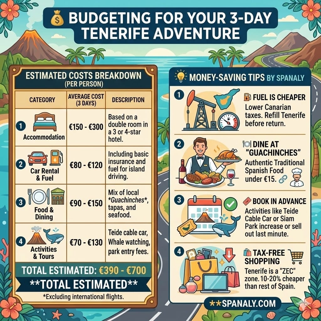 A 1024x1024 infographic breakdown of 3-day Tenerife trip costs per person, including accommodation, car rental, dining at Guachinches, and tax-free shopping tips.