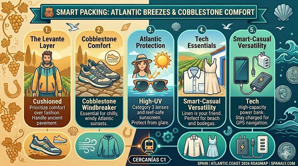 A colorful 2026 travel infographic showing essential packing gear for Cádiz and Jerez: cushioned footwear, a windbreaker, UV protection, linen clothing, and tech essentials with the Spanaly.com logo.