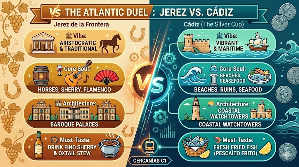 A colorful 2026 travel infographic comparing Jerez de la Frontera and Cádiz, Spain. Features visual icons for Sherry wine, Andalusian horses, and Baroque palaces in Jerez versus Atlantic beaches, Phoenician ruins, and coastal watchtowers in Cádiz. Styled with gold and blue tones - Spanaly.com Guide.