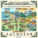 An epic infographic map for a 3-day adventure in Cantabria, split between Santander and Picos de Europa. Left side shows Santander coastal landmarks like Palacio de la Magdalena and Centro Botin. Right side shows Picos de Europa mountains, Fuente De cable car, and Potes village. Featuring icons for FEVE train, ALSA bus, tapas, and EV charging in a vibrant flat vector style.
