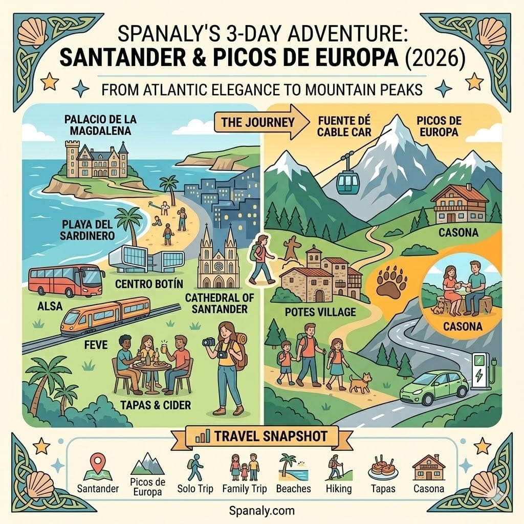 An epic infographic map for a 3-day adventure in Cantabria, split between Santander and Picos de Europa. Left side shows Santander coastal landmarks like Palacio de la Magdalena and Centro Botin. Right side shows Picos de Europa mountains, Fuente De cable car, and Potes village. Featuring icons for FEVE train, ALSA bus, tapas, and EV charging in a vibrant flat vector style.