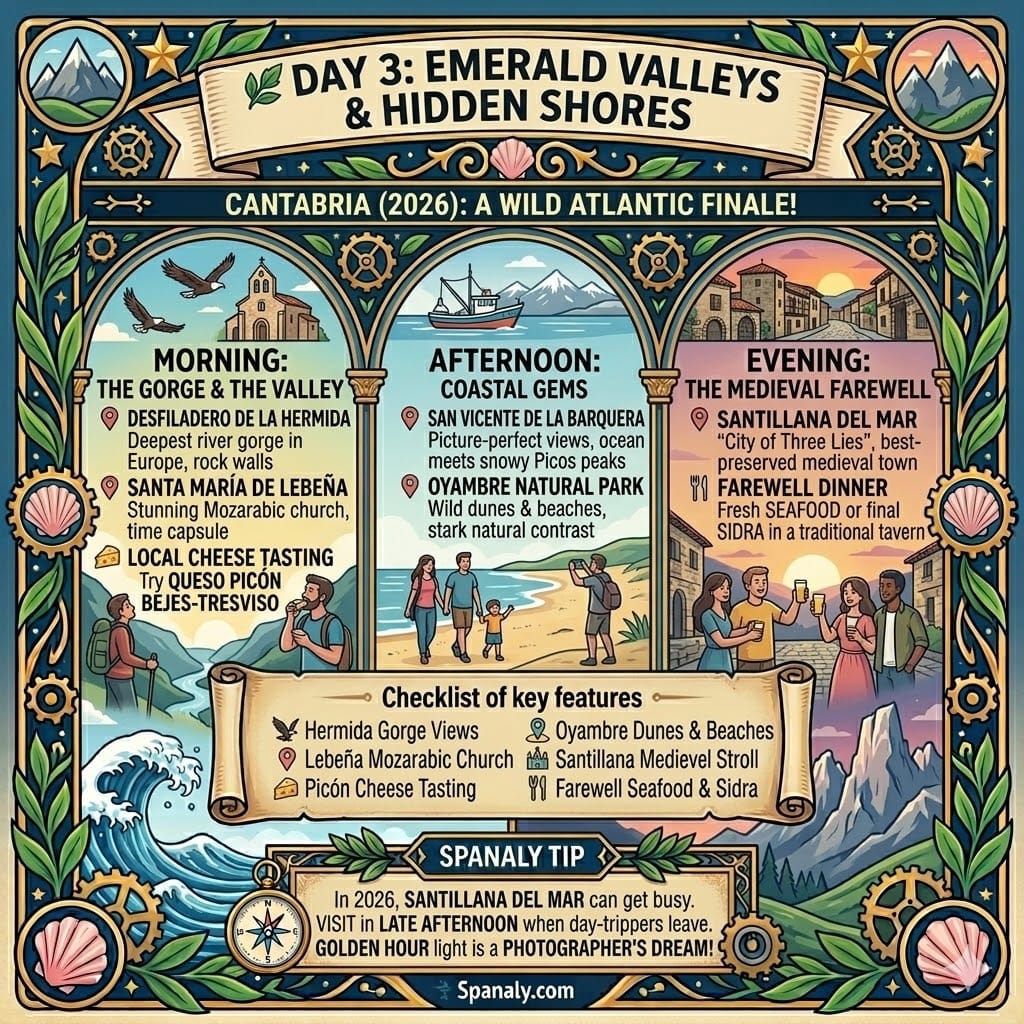 A clean and colorful infographic for Day 3 in Cantabria. It is divided into three sections: Morning (Hermida Gorge and Lebeña Church), Afternoon (San Vicente de la Barquera and Oyambre Park), and Evening (Santillana del Mar and farewell dinner). The design uses the signature Spanaly border with shells and mountain icons.