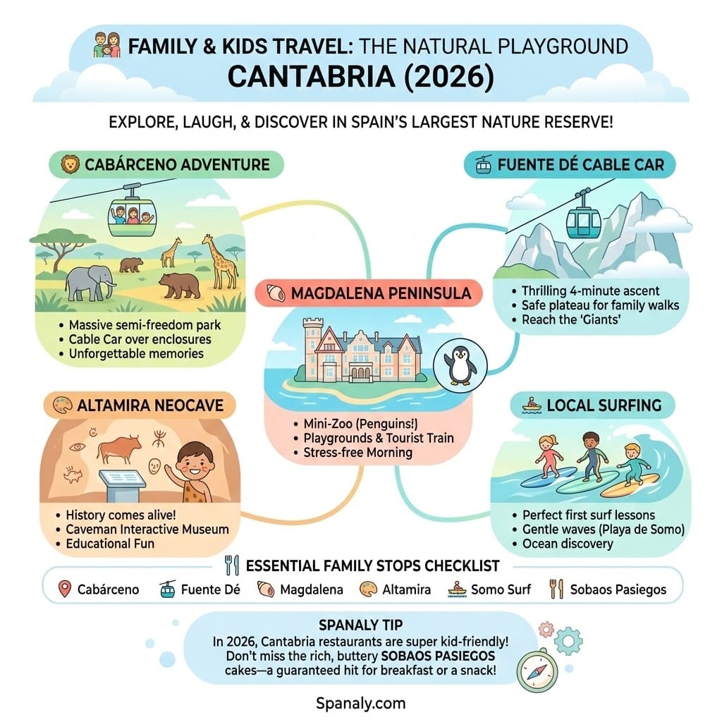 A modern, minimalist vector infographic on a clean white background. It uses bright colors like sky blue, mint green, and coral. Features cute floating bubbles showing a child on Fuente Dé cable car over a elephant, an mother painting a 'Caveman' face on a child (Altamira), and kids on surfboards. Includes minimal text for key adventures.