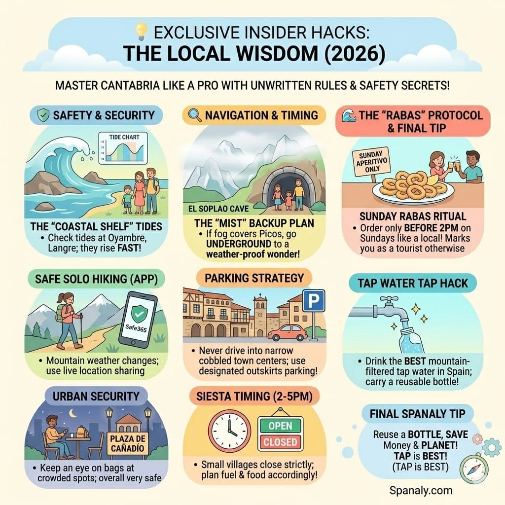 A modern colorful infographic for Cantabria travel hacks. Includes sections on Safety & Security (tides and solo hiking apps), Navigation (fog backup plans and parking), and Local Customs (Sunday Rabas ritual and tap water hack). Clean vector style on a light background.