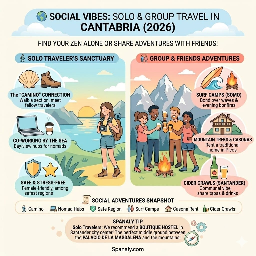A modern colorful infographic about social vibes for travel in Cantabria. It is split into two sections: Solo Traveler’s Sanctuary (Camino connection, co-working, safety) and Group & Friends Adventures (surf camps, mountain treks, cider crawls). Includes a checklist and a Spanaly Tip.