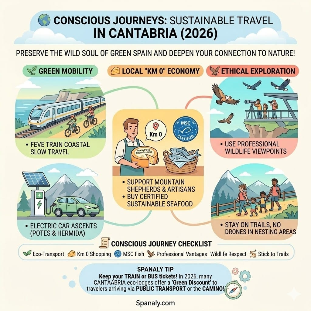 A modern minimalist infographic about sustainable travel in Cantabria. It features sections on Green Mobility (FEVE train and electric cars), Local Economy (Km 0 cheese and MSC seafood), and Ethical Exploration (wildlife viewpoints and staying on trails). Bright colors on a clean background.
